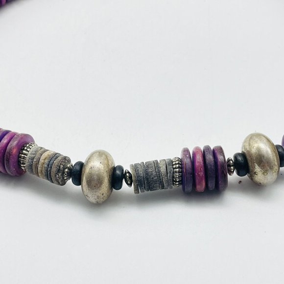 Purple Disc Necklace Silver Tone Beads Ethnic Native Tribal Southwest Classic - Picture 4 of 8